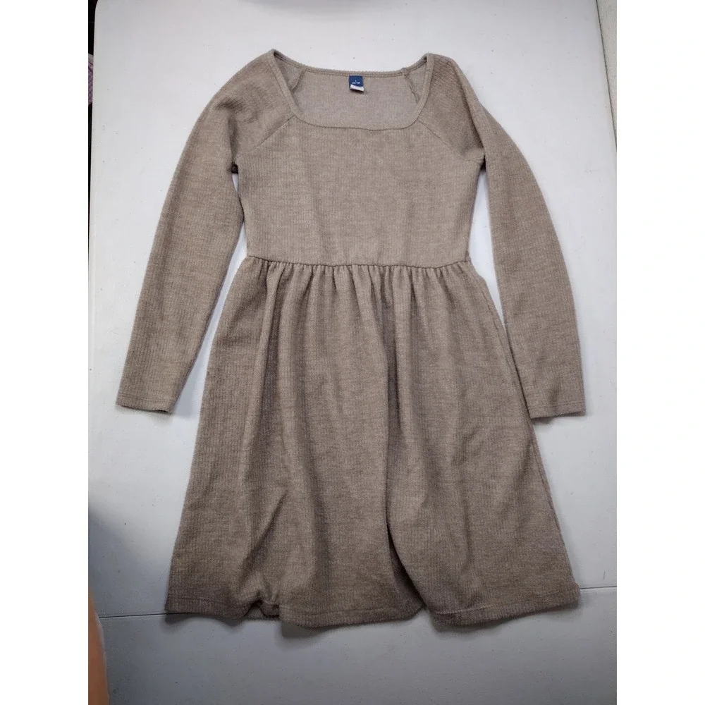 Old Navy Girls Tan Ribbed Knit Long Sleeve Square Neck Empire Waist Dress L‎